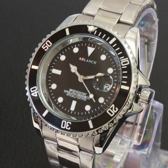 Men's Diver Style Watch Black Uni-directional Bezel Stainless Bracelet 40mm - Picture 7 of 11